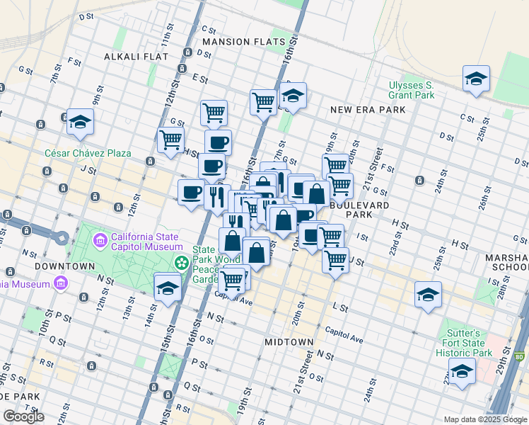 map of restaurants, bars, coffee shops, grocery stores, and more near 1700 I Street in Sacramento