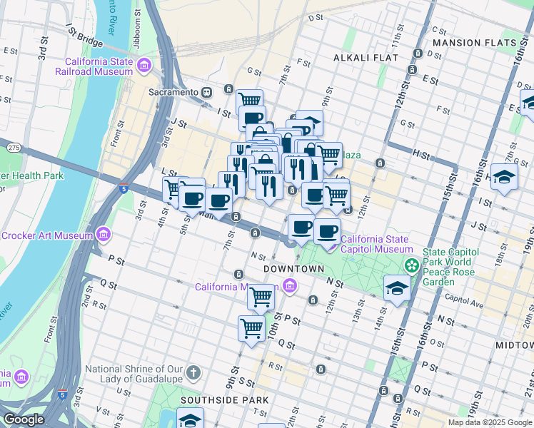 map of restaurants, bars, coffee shops, grocery stores, and more near 1225 8th Street in Sacramento