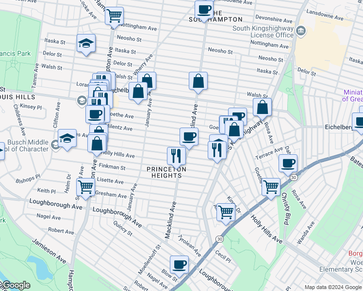 map of restaurants, bars, coffee shops, grocery stores, and more near 5421 Rhodes Avenue in St. Louis