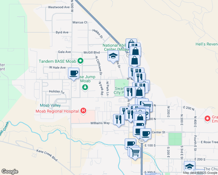 map of restaurants, bars, coffee shops, grocery stores, and more near 338 North Park Lane in Moab