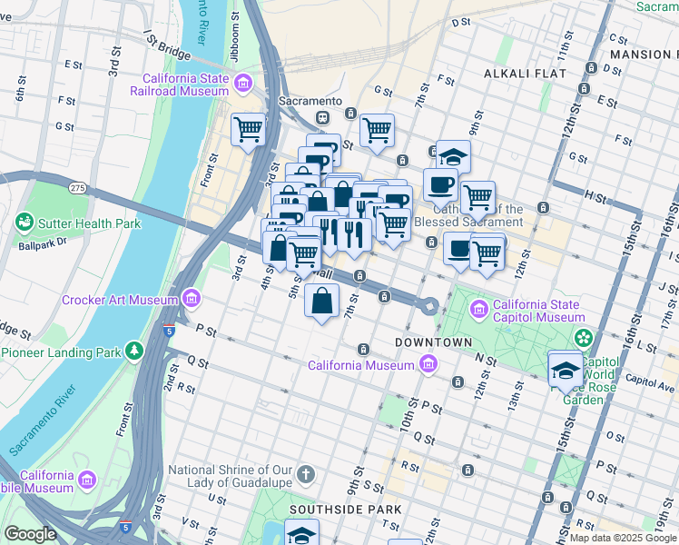 map of restaurants, bars, coffee shops, grocery stores, and more near 621 Capitol Mall in Sacramento
