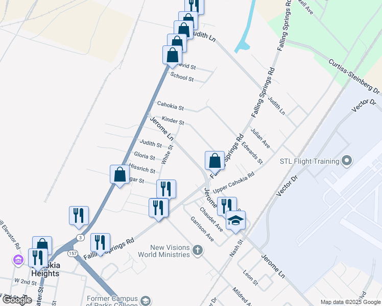 map of restaurants, bars, coffee shops, grocery stores, and more near 124 Kinder Street in Cahokia