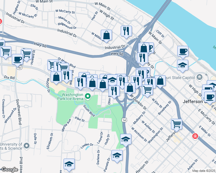 map of restaurants, bars, coffee shops, grocery stores, and more near 620 Ohio St in Jefferson City