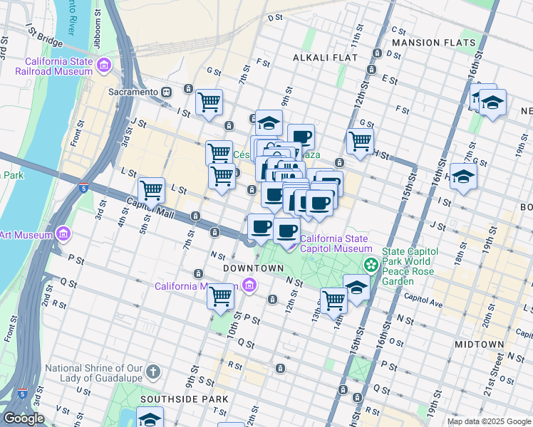 map of restaurants, bars, coffee shops, grocery stores, and more near in Sacramento