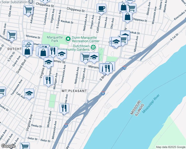 map of restaurants, bars, coffee shops, grocery stores, and more near 4234 California Avenue in St. Louis