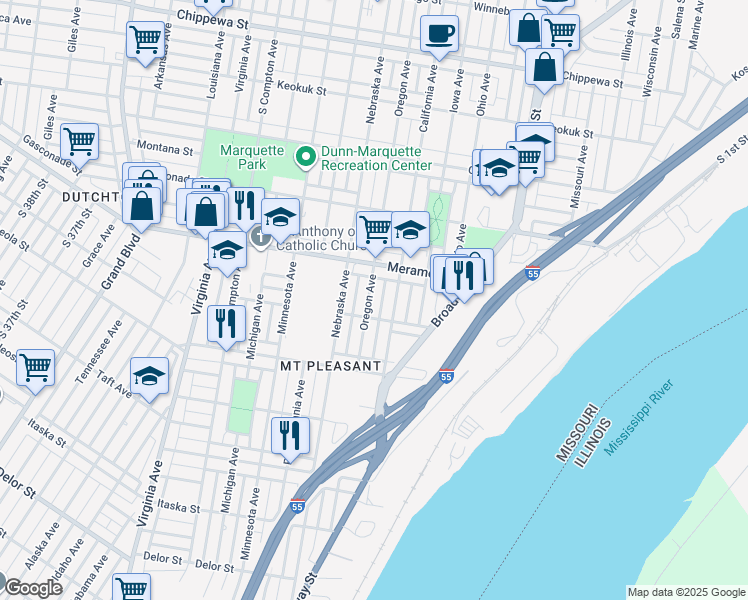 map of restaurants, bars, coffee shops, grocery stores, and more near 4238 Oregon Avenue in St. Louis