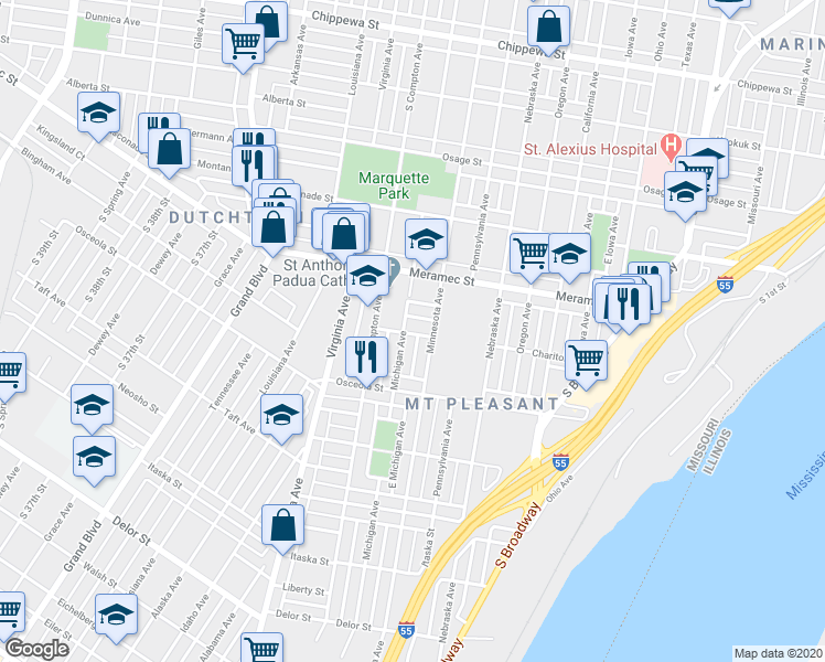 map of restaurants, bars, coffee shops, grocery stores, and more near 3119 Chariton Street in St. Louis