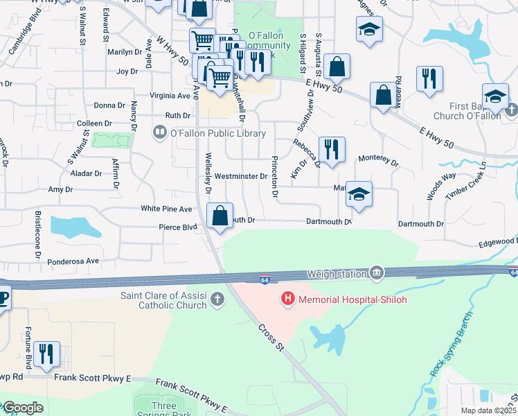 map of restaurants, bars, coffee shops, grocery stores, and more near 1415 South Yale Drive in O'Fallon