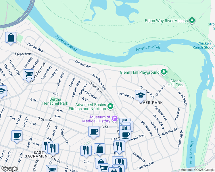 map of restaurants, bars, coffee shops, grocery stores, and more near 5235 Carrington Street in Sacramento