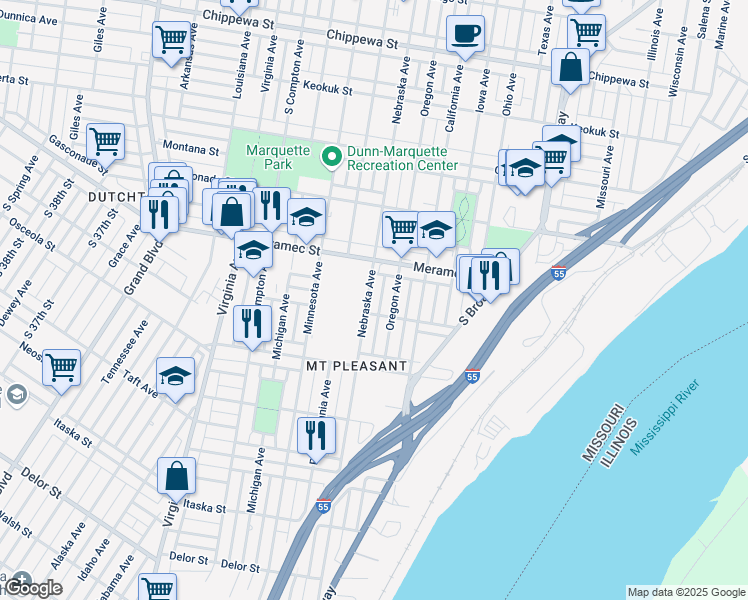 map of restaurants, bars, coffee shops, grocery stores, and more near 4246 Nebraska Avenue in St. Louis