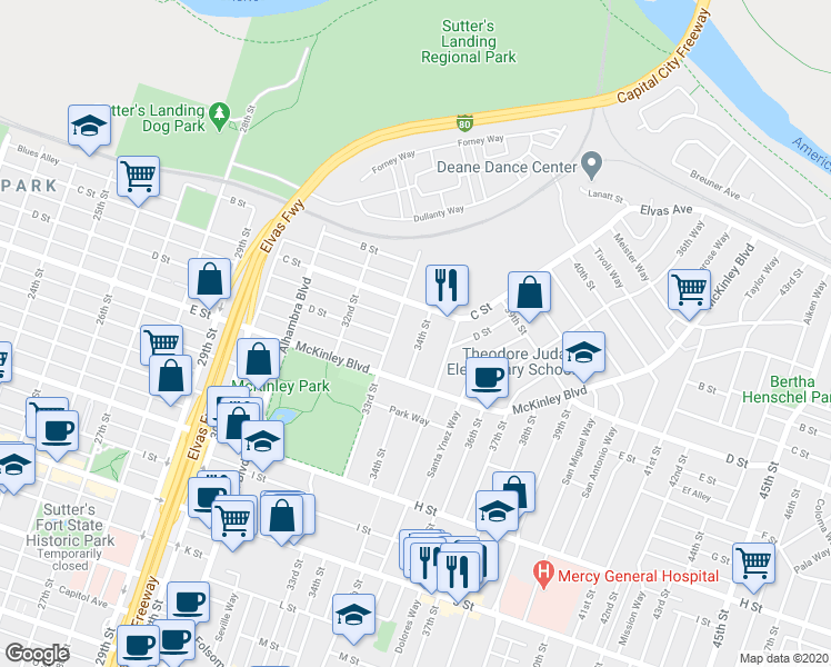 map of restaurants, bars, coffee shops, grocery stores, and more near 344 34th Street in Sacramento