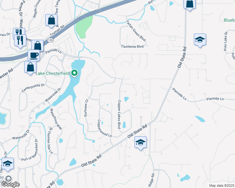 map of restaurants, bars, coffee shops, grocery stores, and more near 351 Copper Lakes Boulevard in Wildwood