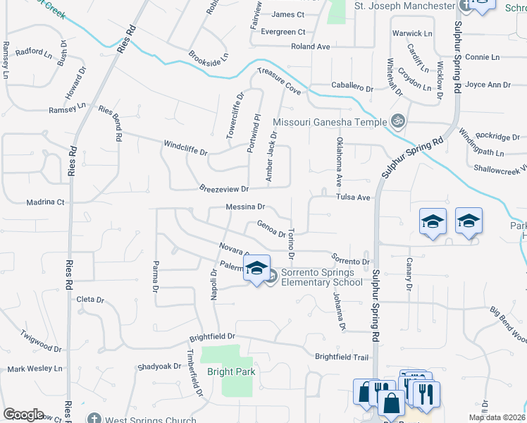 map of restaurants, bars, coffee shops, grocery stores, and more near 378 Messina Drive in Ballwin