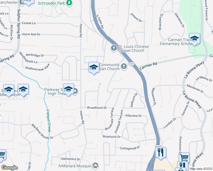 map of restaurants, bars, coffee shops, grocery stores, and more near 743 Burwick Terrace in Ballwin