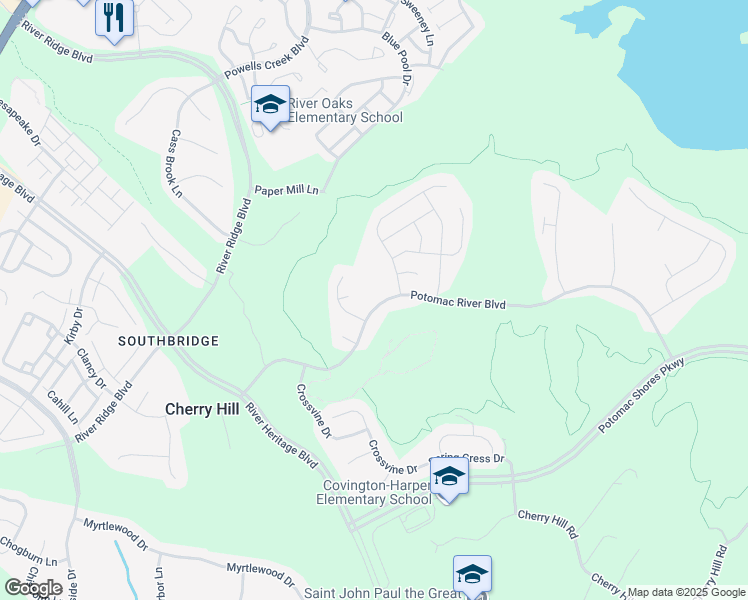 map of restaurants, bars, coffee shops, grocery stores, and more near 2472 Potomac River Boulevard in Dumfries