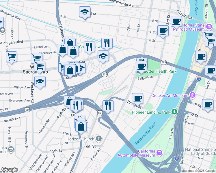 map of restaurants, bars, coffee shops, grocery stores, and more near 839 Copper Lane in West Sacramento