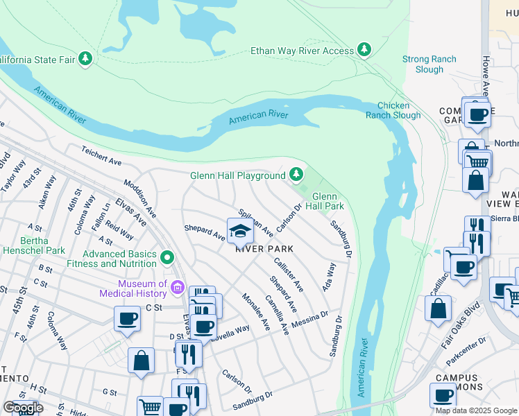 map of restaurants, bars, coffee shops, grocery stores, and more near 5344 State Avenue in Sacramento