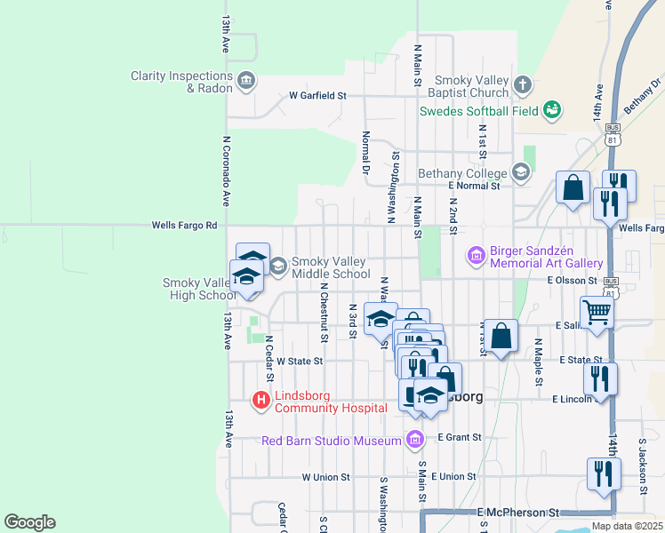 map of restaurants, bars, coffee shops, grocery stores, and more near 430 N Chestnut St in Lindsborg