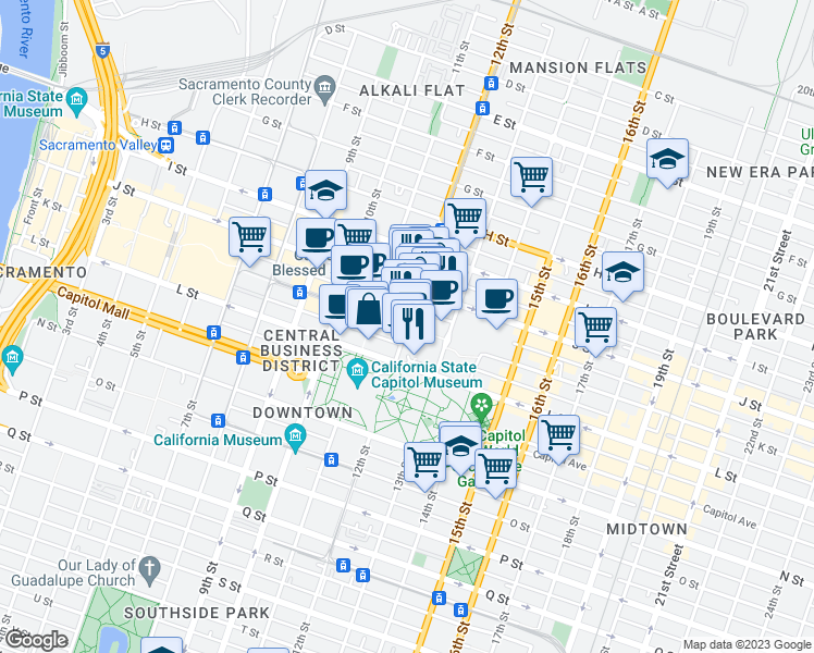 map of restaurants, bars, coffee shops, grocery stores, and more near K St & 12th St in Sacramento
