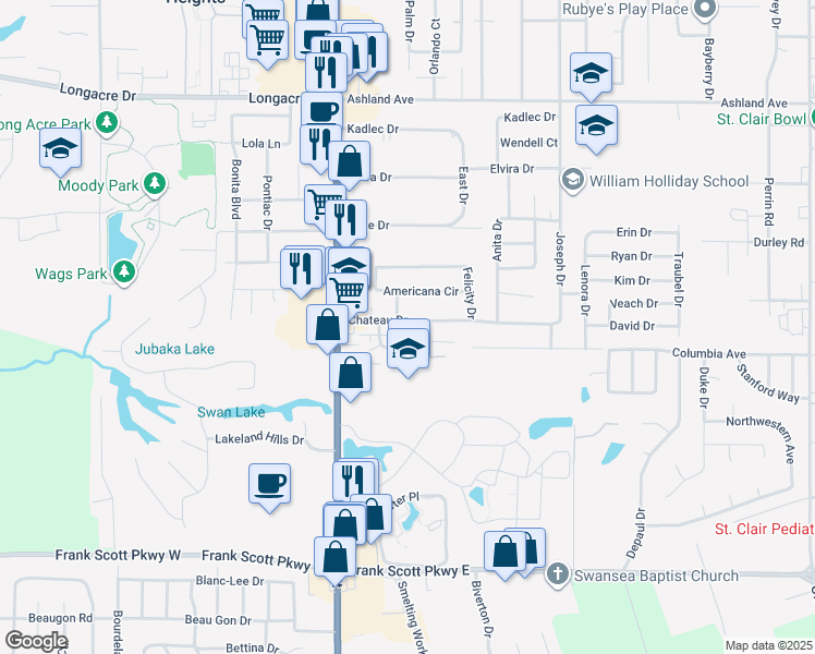 map of restaurants, bars, coffee shops, grocery stores, and more near 26 Chateau Drive in Fairview Heights