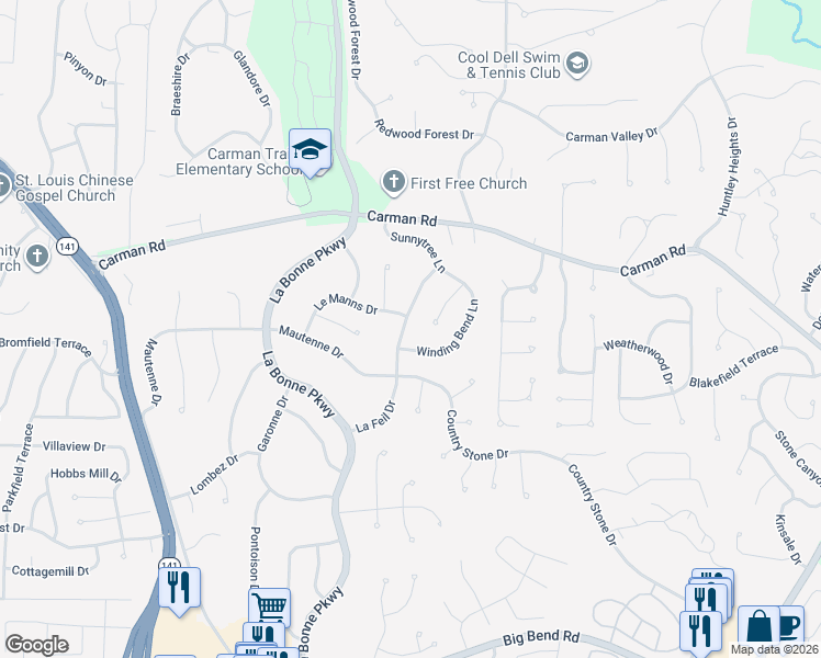 map of restaurants, bars, coffee shops, grocery stores, and more near 757 Memoir Lane in Ballwin