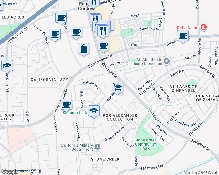 map of restaurants, bars, coffee shops, grocery stores, and more near 10881 Bellone Way in Rancho Cordova
