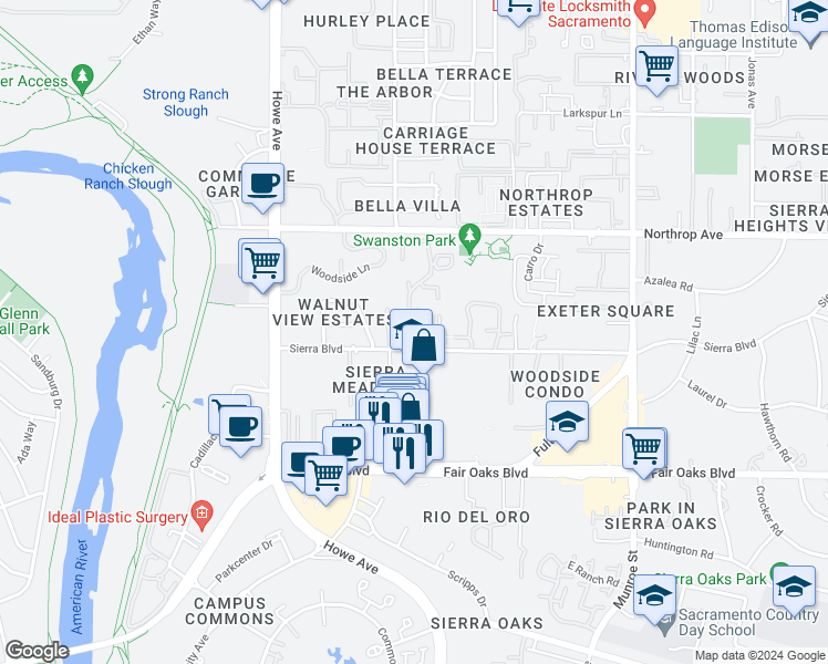 map of restaurants, bars, coffee shops, grocery stores, and more near 713 Woodside Lane East in Sacramento