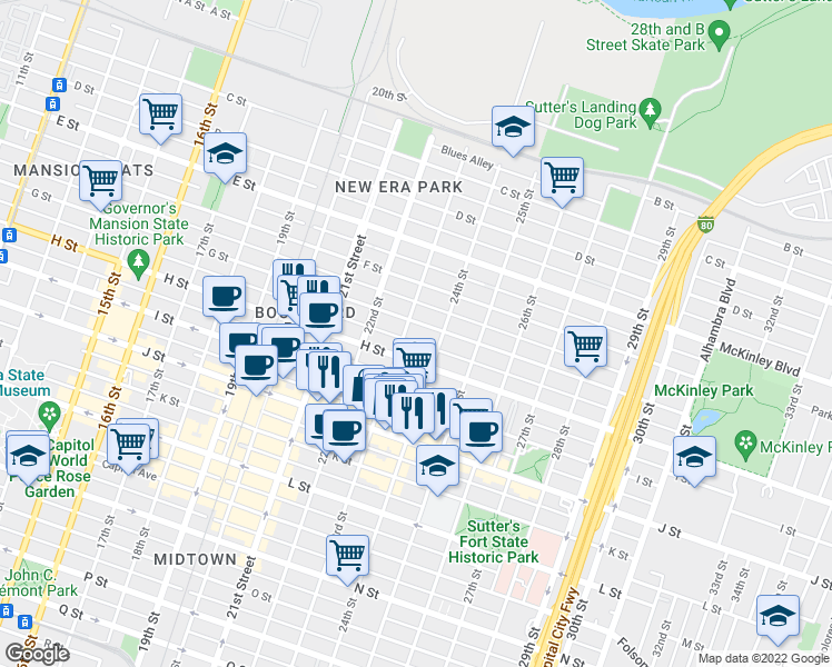 map of restaurants, bars, coffee shops, grocery stores, and more near 7 23rd Street in Sacramento