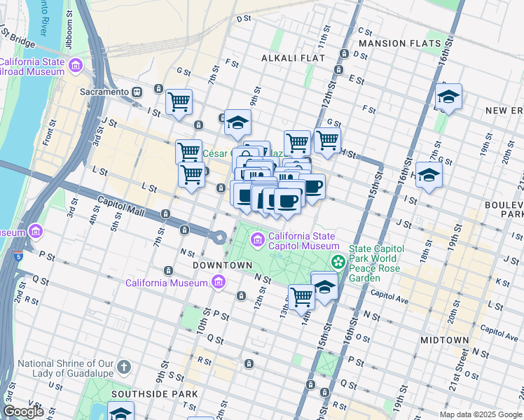 map of restaurants, bars, coffee shops, grocery stores, and more near 1100 K Street in Sacramento