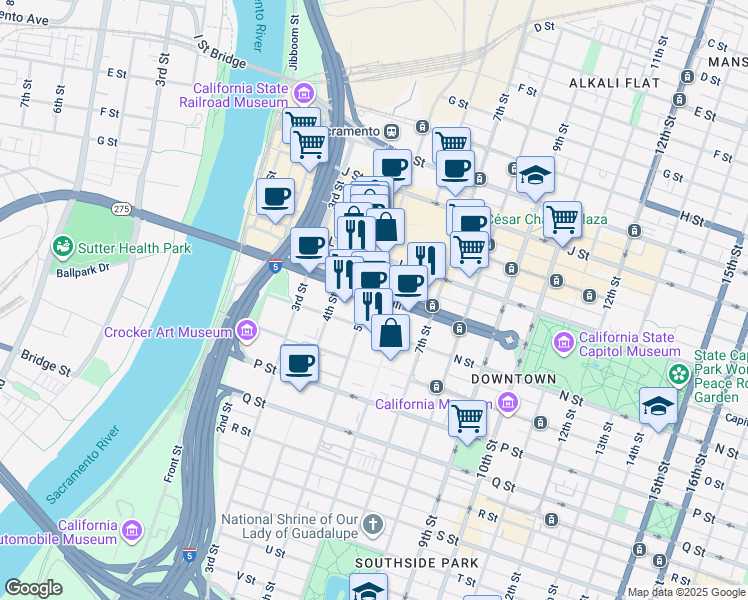map of restaurants, bars, coffee shops, grocery stores, and more near 537 N Street in Sacramento