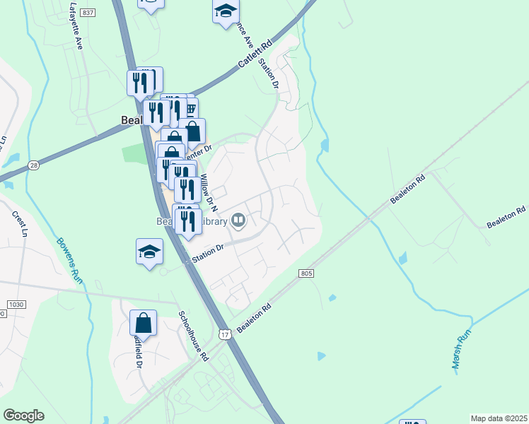 map of restaurants, bars, coffee shops, grocery stores, and more near 10857 Krystal Court in Bealeton