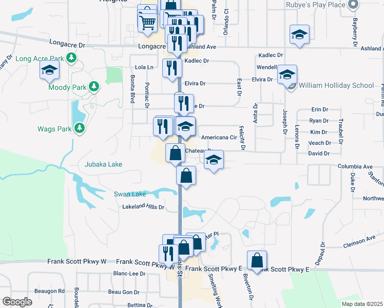 map of restaurants, bars, coffee shops, grocery stores, and more near 6 Chateau Drive in Fairview Heights