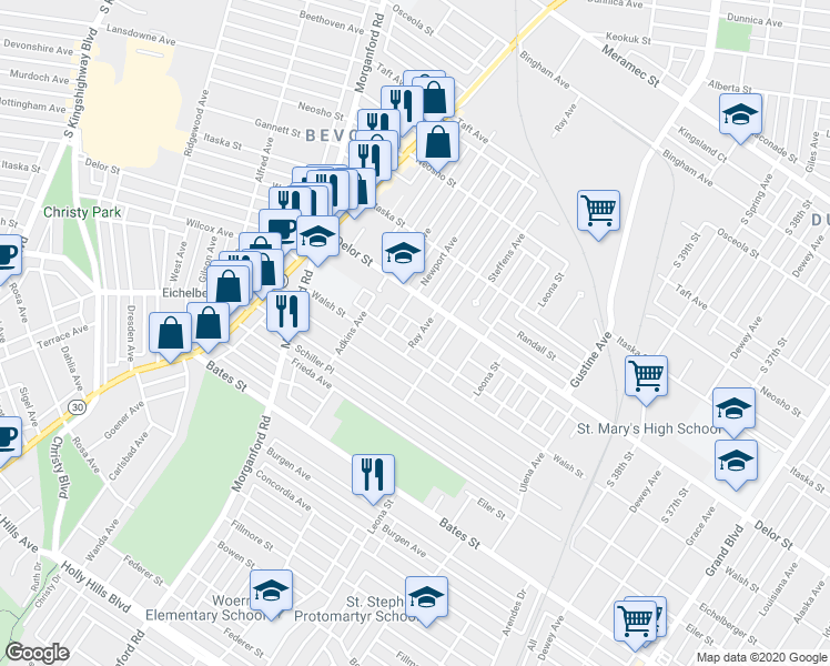 map of restaurants, bars, coffee shops, grocery stores, and more near 5041 Ray Avenue in St. Louis