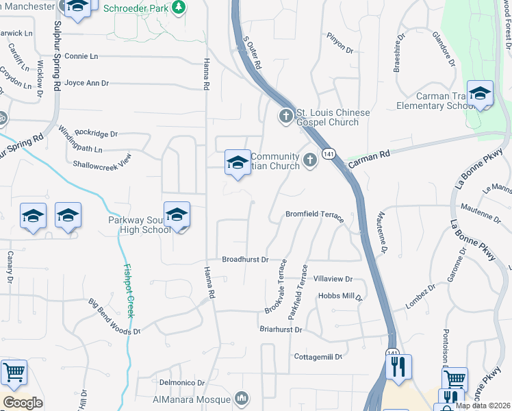 map of restaurants, bars, coffee shops, grocery stores, and more near 743 Burwick Terrace in Ballwin