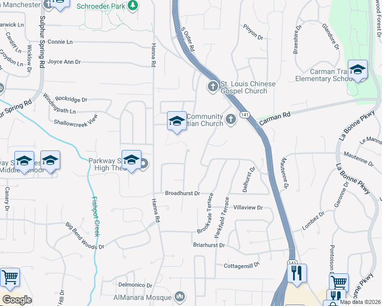 map of restaurants, bars, coffee shops, grocery stores, and more near 743 Burwick Terrace in Ballwin