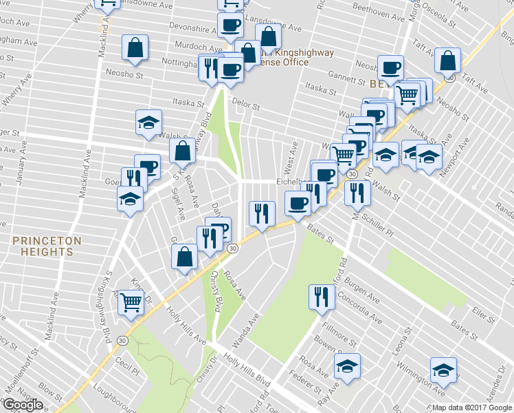 map of restaurants, bars, coffee shops, grocery stores, and more near 5441 Dresden Avenue in St. Louis