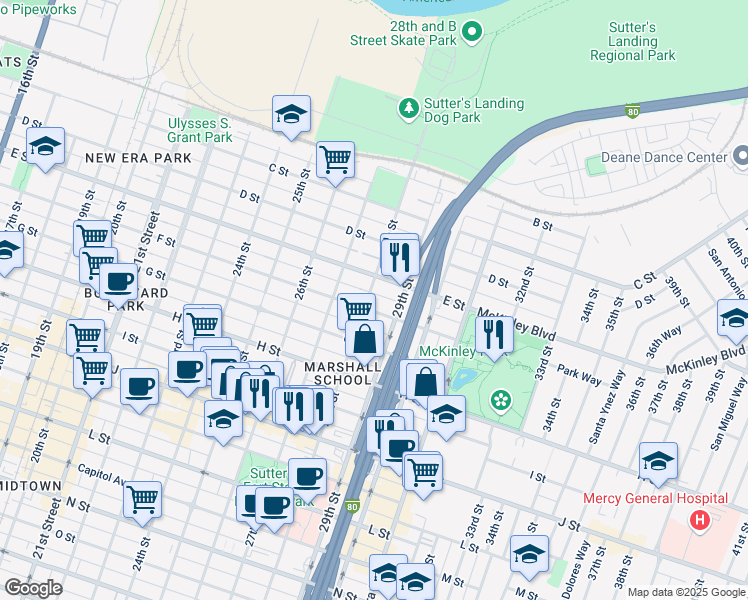 map of restaurants, bars, coffee shops, grocery stores, and more near 521 28th Street in Sacramento