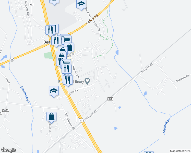 map of restaurants, bars, coffee shops, grocery stores, and more near 10857 Krystal Court in Bealeton