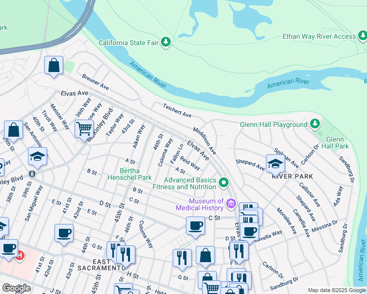 map of restaurants, bars, coffee shops, grocery stores, and more near 55 Fallon Lane in Sacramento