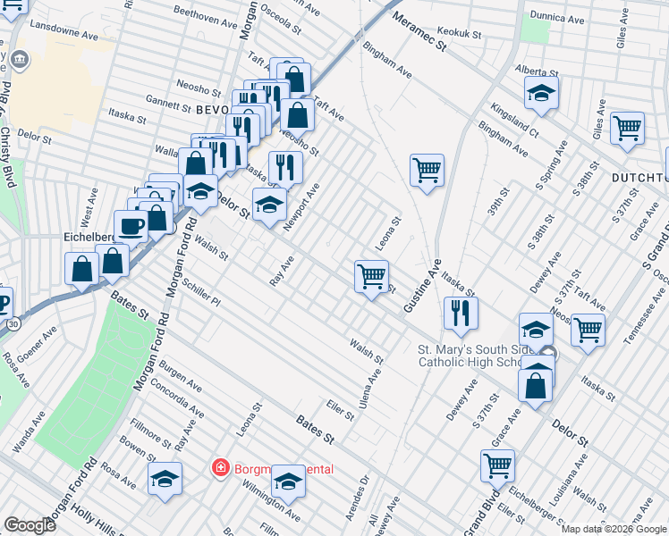 map of restaurants, bars, coffee shops, grocery stores, and more near 4033 Delor Street in St. Louis