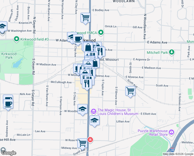 map of restaurants, bars, coffee shops, grocery stores, and more near 126 East Monroe Avenue in Kirkwood