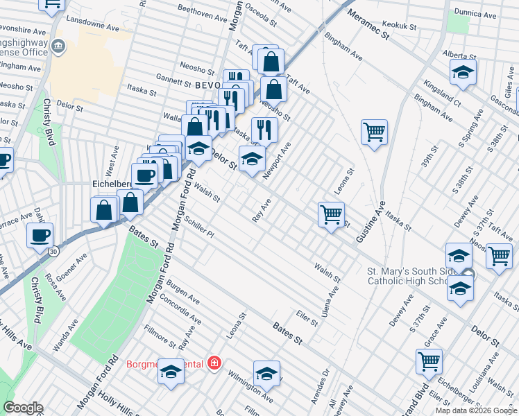 map of restaurants, bars, coffee shops, grocery stores, and more near 5041 Ray Avenue in St. Louis