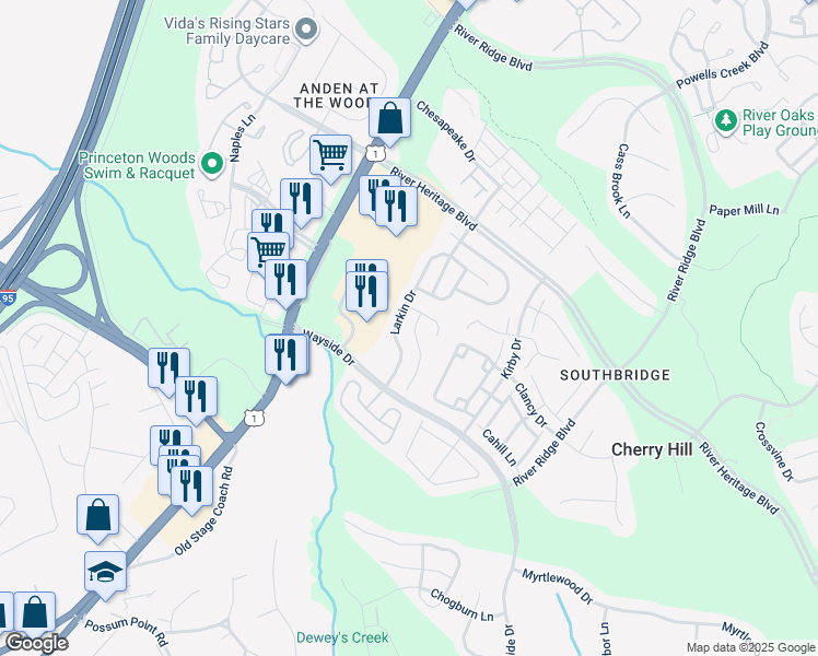 map of restaurants, bars, coffee shops, grocery stores, and more near 17228 American Elm Court in Dumfries