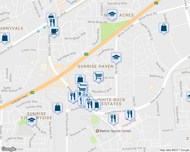 map of restaurants, bars, coffee shops, grocery stores, and more near 10438 Reymouth Avenue in Rancho Cordova