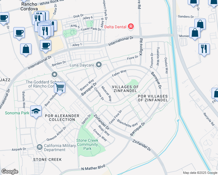 map of restaurants, bars, coffee shops, grocery stores, and more near 3412 Noblessa Way in Rancho Cordova