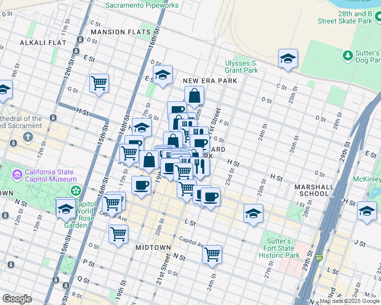 map of restaurants, bars, coffee shops, grocery stores, and more near 809 20th Street in Sacramento