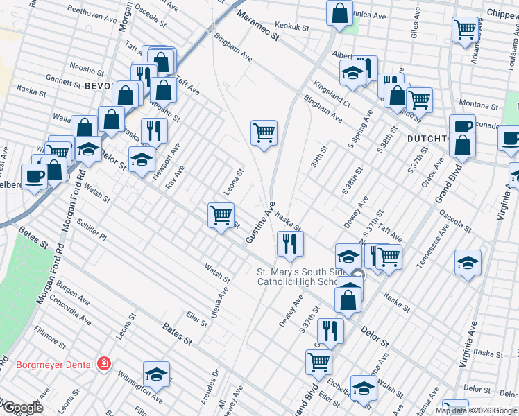 map of restaurants, bars, coffee shops, grocery stores, and more near 4639 Gustine Terrace in St. Louis