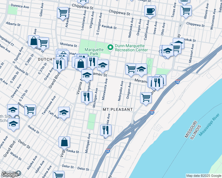 map of restaurants, bars, coffee shops, grocery stores, and more near 4226 Minnesota Avenue in St. Louis