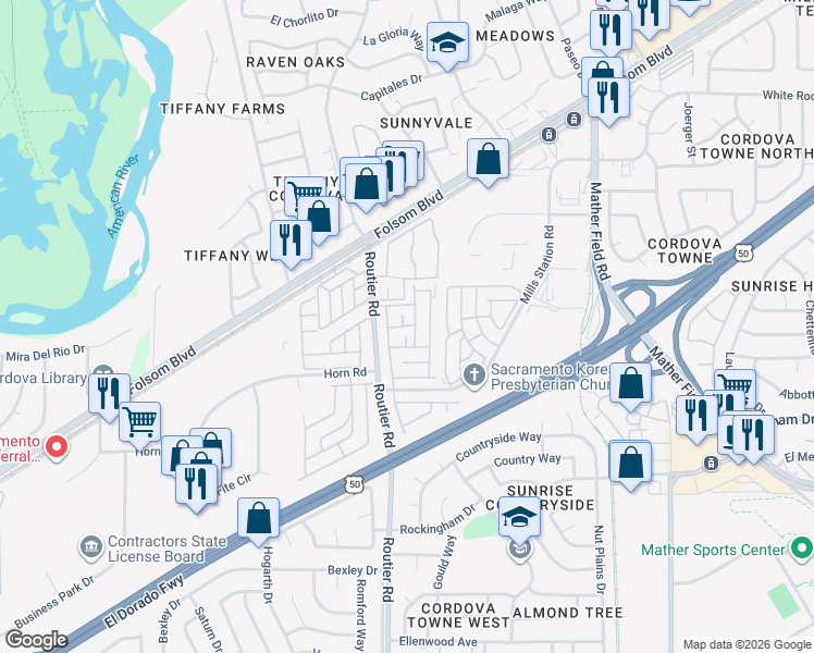 map of restaurants, bars, coffee shops, grocery stores, and more near 68 Shrine Drive in Sacramento