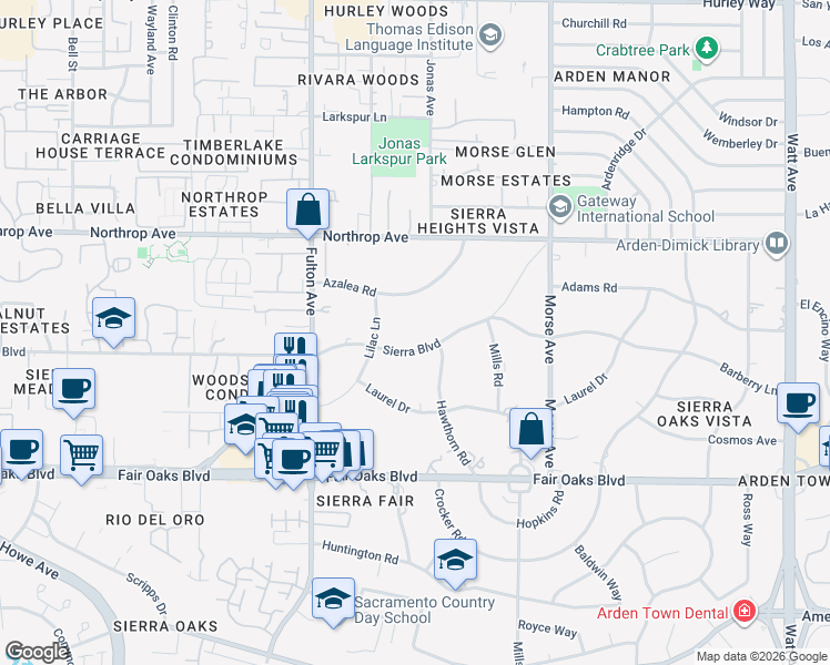 map of restaurants, bars, coffee shops, grocery stores, and more near 2741 Sierra Boulevard in Sacramento